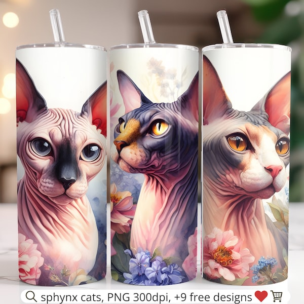 Sphynx Cat Tumbler Wrap 20oz Tumbler Sublimation Design Download 20 oz Sublimation Tumbler PNG Watercolor Tumbler Design Cat Mom Gift