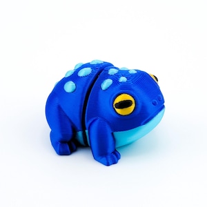 May include: A blue and light blue 3D printed frog figurine with yellow eyes. The frog is sitting on a white surface.