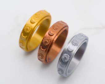 Sun and Moon Spinner Ring, 6mm Band Fidget Ring, Meditation Ring, Worry Ring, Adult Spinner Ring, Couples Ring, Rings for Him and Her