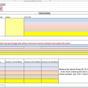Op de afbeelding: Een spreadsheet met meerdere rijen en kolommen, met tekst en kleurgecodeerde cellen. Het bovenste gedeelte bevat tekstvelden en knoppen. Het centrale gedeelte toont gegevens georganiseerd in rijen, met labels en invoervelden. De onderste sectie bevat extra gegevens.