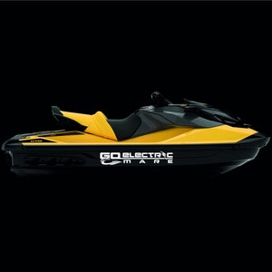 Può includere: Uno scooter d'acqua giallo e nero con la scritta "GO ELECTRIC MARINE" sul lato.