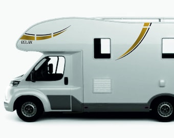 Camper and Caravan Stickers, Decorative Decals with Stars, Gold and Black, LARGE Complete Kit Curved Stripes 0459
