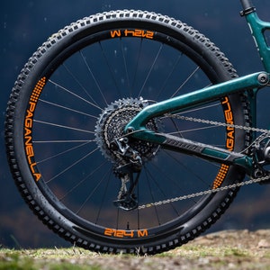 Peut inclure: Gros plan sur un vélo de montagne vert avec une roue noire et un lettrage orange qui indique "PAGANELLA" et "2124 M".