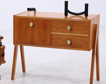 Comodino vintage in teak con ante a ribalta e cassetti | Mini cassettiera di metà secolo, anni '60