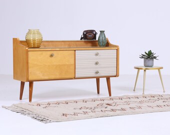 Helle Vintage Schubladen Kommode 60er Jahre | Mid Century Lowboard Retro 70er Holz Glasplatte