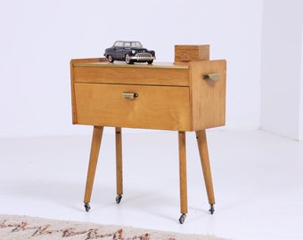 Boîte à couture vintage articulée des années 60 | Commode à coudre vintage en bois beige avec carrousel rotatif à tiroirs