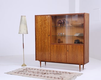 Vintage Highboard 60er Jahre | Mid Century Glas Vitrine Wäscheschrank Wohnzimmerschrank Schrank Retro 70er Nussbaum