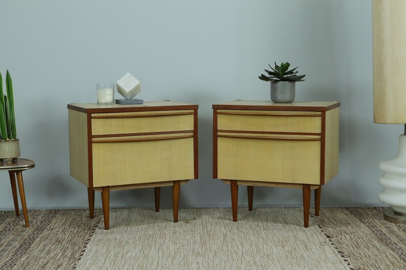 Vintage bedside tables 60s Mid Century Nightstand Mini Dresser Drawers Retro 70s image 1