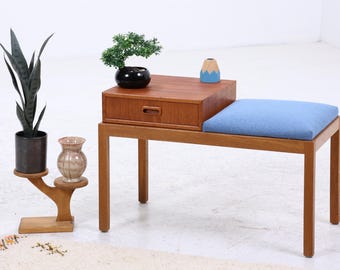 Mid Century Teak Telefonbank mit Schublade & Sitzpolster | Vintage Flur Bank Blau | 60er Design Sitzbank