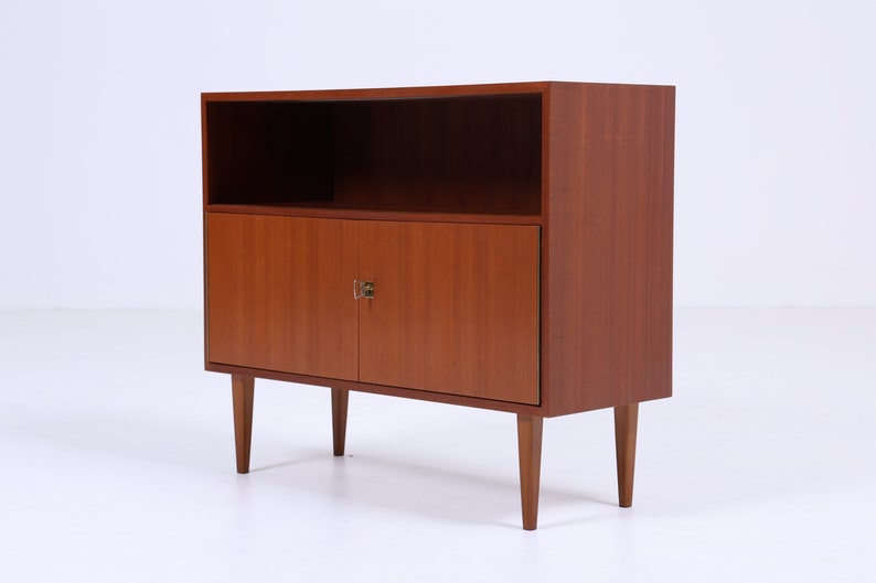 Commode vintage étroite des années 60 Mid Century Small Buffet Hall Chest Cabinet Rétro années 70 avec étagère ouverte image 1