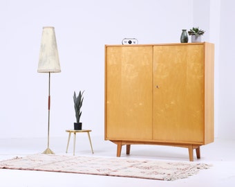 Mueble vintage luminoso de los años 60 | Armario de lino de mediados de siglo, cajones, armario con compartimentos, retro, alto brillo, VEB Möbelfabrik Werdau