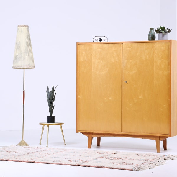 Mueble vintage luminoso de los años 60 | Armario de lino de mediados de siglo, cajones, armario con compartimentos, retro, alto brillo, VEB Möbelfabrik Werdau