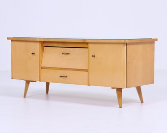 Commode à tiroirs vintage lumineuse années 60 | Lowboard Mid Century Rétro années 70 avec plateau en verre et bois brillant