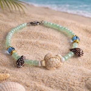 Armband för havssköldpadda, strandarmband, havssmycken, kustarmband, armband med gröna pärlor, sommarsmyckespresent, present till sköldpaddsälskare