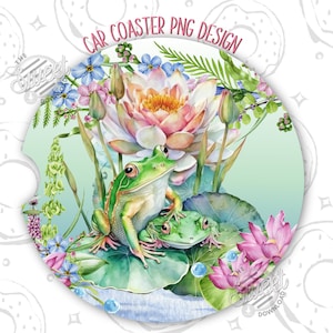 Frog Car Coaster Sublimation Design, Cute Frog Car Coaster PNG, Pond Car Coaster Design, Lily pad Car Coaster Template, Trendy Car Accessori