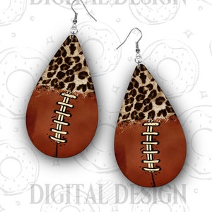 May include: A pair of brown and tan teardrop-shaped earrings with a leopard print design and a football stitch pattern.