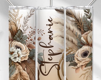 Boho Tumbler Wrap, Add your own name Sublimation Tumbler, Boho Floral Seamless Tumbler Design, Beige floral 20 oz Skinny Tumbler Template