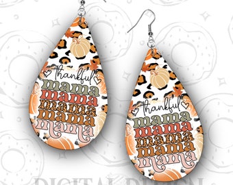 Fall Earring PNG, Thankful Mama Sublimation Earring, Retro Fall Earring Design, Teardrop Earring PNG, Pumpkin Drop Earring Template