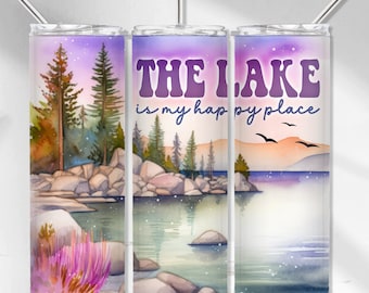 Lake Tumbler PNG, Happy Place Tumbler Wrap, Lake Living Sublimation Tumbler Design, Colorful Lake Landscape Seamless 20 oz Skinny Tumbler