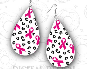 Breast Cancer Earring PNG, Breast Cancer Awareness Earring Template, Sublimation Earring Design, Pink Ribbon Drop Earring Download