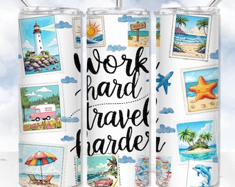 May include: White tumbler with a travel theme. The tumbler has a variety of images of travel destinations, including a lighthouse, a beach, a palm tree, and a plane. The text "Work hard travel harder" is printed on the tumbler.