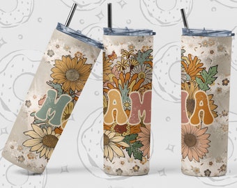 Retro Sublimationsbecher Design, Mama Becher PNG, Floral Tumbler Wrap, Retro Mama Tumbler Vorlage, 20 Unze Skinny Tumbler Digital