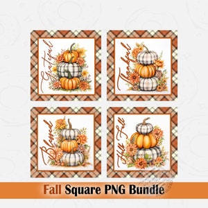 Fall Square Coaster PNG, Fall Pumpkins Square PNG, Grateful Thankful Blessed Coaster Set para el otoño, Autumn Coaster Bundle, Fall Quotes PNG
