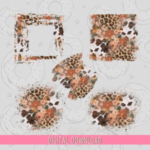 Puede incluir: Descarga digital de cinco diseños gráficos con estampado de leopardo y flores. Los diseños son de estilo desgastado con fondo blanco.