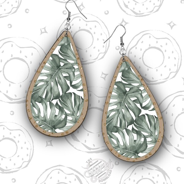 Summer Palm Leaf Teardrop Earring PNG, Sublimation Earring Design, Spring Earring Template