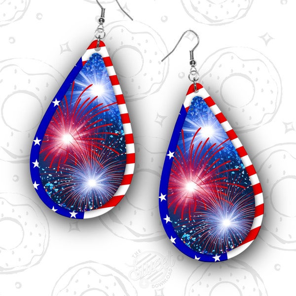 DIGITAL Earring PNG Fireworks American Flag Earring Sublimation Design Download, 4th of July Patriotic Earring Template Sublimation Earring