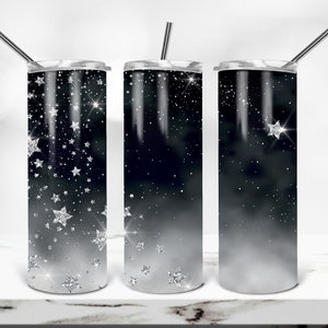 Night Sky 20 oz Skinny Tumbler Sublimation Design with Silver Glitter Stars - Digital Download PNG