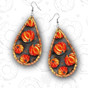 Halloween Drop Earring PNG Sublimation Design, Pumpkins with Rusted Background and Orange Glitter Earrings Instant Download