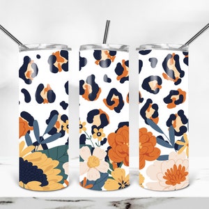 Vaso delgado de 20 oz con estampado de leopardo y flores de otoño, diseño de sublimación, PNG, envoltura de girasol