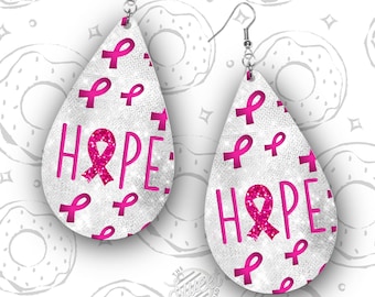 Hope Pink Ribbon Sublimation Earring, Breast Cancer Awareness Earring PNG, Pink Glitter Drop Earring Template