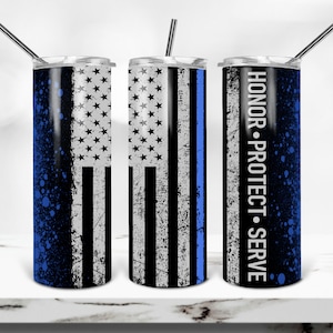 May include: Three stainless steel tumblers with a blue and white American flag design. The tumblers have a black and white distressed look. The middle tumbler has a thin blue line down the center. The right tumbler has the text "HONOR - PROTECT - SERVE" on the side.
