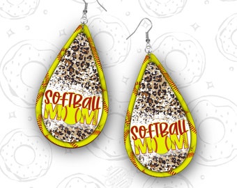 DIGITAL Earring PNG Sublimation Design, Softball Mom avec imprimé léopard, Sports Instant Download