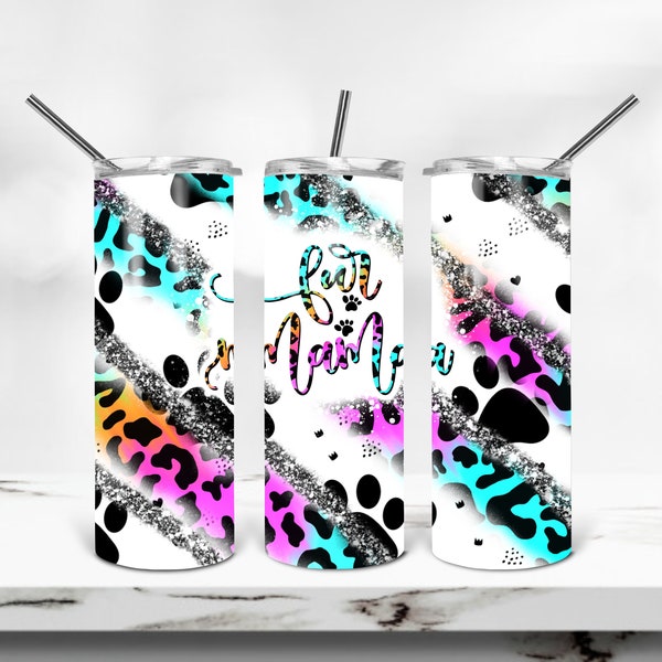 20 oz Skinny Tumbler Sublimation Design Fur Mama Tie Dye Leopard Print Paws Digital Download, Dog Mom PNG, Tumbler Wrap