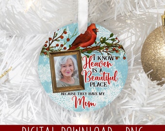 Memorial Ornament PNG, Christmas Sublimation Template, Heaven is a beautiful place Photo Memorial Christmas Ornament PNG Design