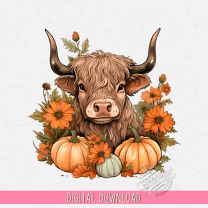Highland Cow Clipart, Cute Fall Highland Cow Sublimation Design, Highland Cow with Pumpkins Digital Download