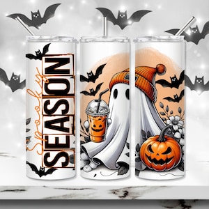 Vaso PNG de Halloween, diseño de sublimación de temporada espeluznante, envoltura de vaso fantasma, vaso delgado de calabaza de 20 oz, vaso sin costuras de otoño