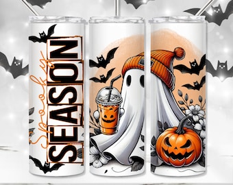 Halloween Tumbler PNG, Spooky Season Sublimation Tumbler Design, Ghost Tumbler Wrap, Pumpkin 20 oz Skinny Tumbler, Fall Seamless Tumbler