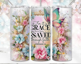 Grace Tumbler PNG, Bible Verse 20 oz Skinny Tumbler Sublimation Design, Christian Tumbler Wrap, Floral Seamless Tumbler Template