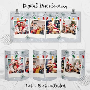 Mug sublimation de Noël, emballage de tasse photo de famille, ajoutez votre propre modèle de tasse photo, conception de tasse de lumières de Noël, 4 photos 11 oz, tasse 15 oz