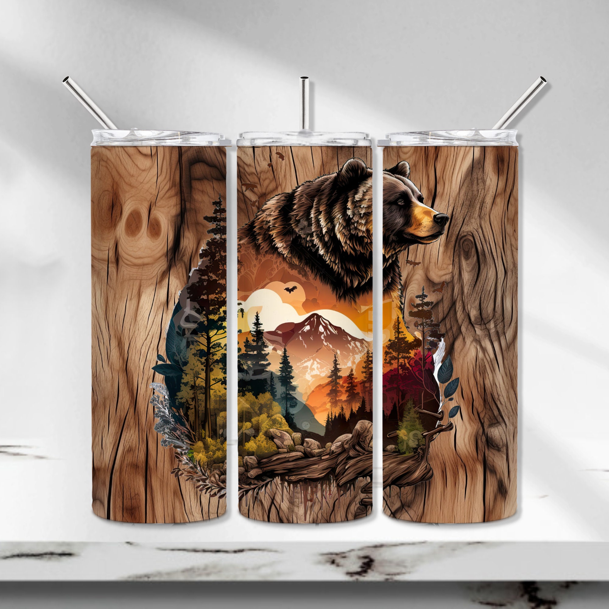 Bear Tumbler PNG, Mountain Tumbler Wrap, Nature Sublimation Tumbler Design, Wildlife Faux Wood Seamless 20 oz Skinny Tumbler, Hiking Tumbler