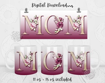 Mama Tasse PNG, Muttertag Tasse Wrap, Maroon Floral Sublimation Tasse, 11 oz und 15 oz TassenSchablone, Tasse für Mama