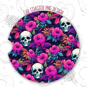 Skull Car Coaster PNG, Floral Skull Sublimation Car Coaster, Halloween Round Coaster Design, Neon Skull Car Coaster Template