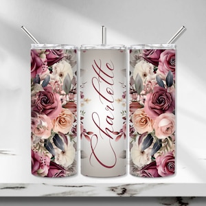 Boho Floral Tumbler Wrap, Add your own name Tumbler PNG, Rose Gold Flower Sublimation Tumbler, Ombre 20 oz Skinny Tumbler, Dusty Rose Flower