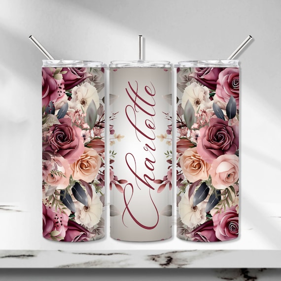 Boho Floral Tumbler Wrap, Add your own name Tumbler PNG, Rose Gold Flower Sublimation Tumbler, Ombre 20 oz Skinny Tumbler, Dusty Rose Flower