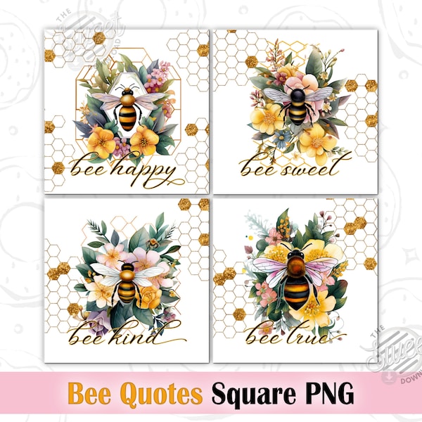 Square Coaster PNG, Bee Quotes Square PNG, Floral Bee Coaster Design, Be Kind Coaster Set, Summer Coaster Sublimation Design, Gold Honeycomb