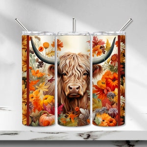 Highland Cow Tumbler Wrap, Fall Tumbler PNG, Fall Floral Sublimation Tumbler, Western Fall 20 oz Skinny Tumbler Design, Seamless Tumbler PNG
